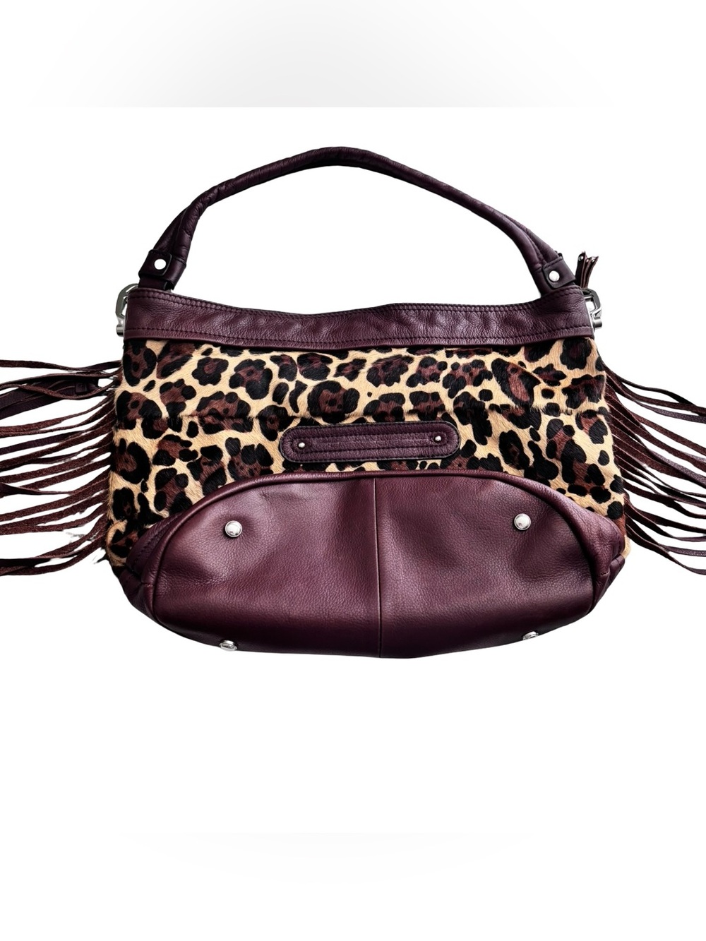 b. makowsky chocolate brown and Tan Leopard Fringe Shoulder Bag